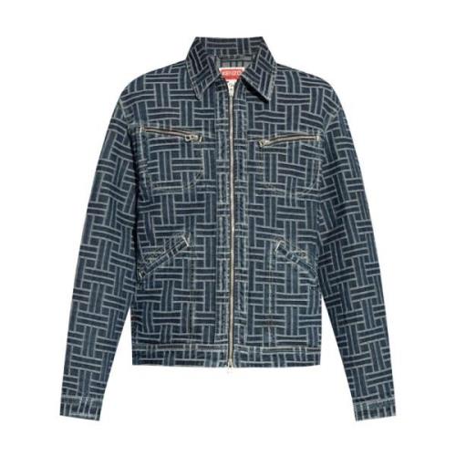 Kenzo Denim Jacquard Logo Motif Läderjacka Blue, Herr