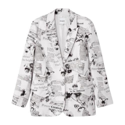 Desigual Tryckt Bomullsblandad Blazer för Kvinnor White, Dam