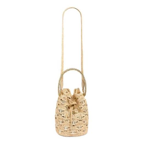 Paco Rabanne Handvävd Raffia Bucketväska med Metallskivor Brown, Dam