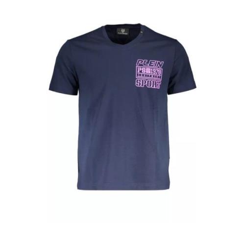 Plein Sport Blå V-ringad Logotryck Bomull T-shirt Blue, Herr