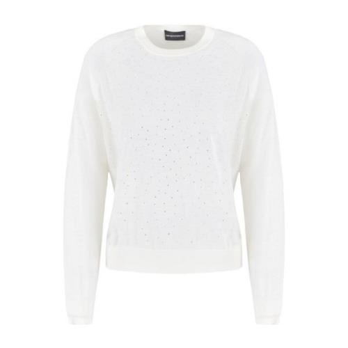 Emporio Armani Vit Rhinestone Dekorerad Crew Neck Tröja White, Dam