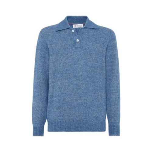 Brunello Cucinelli Blå Stickad Polo Tröja Blue, Herr