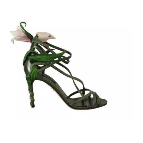 Dolce & Gabbana Blommig Läder Strappy Klack Sandaler Green, Dam