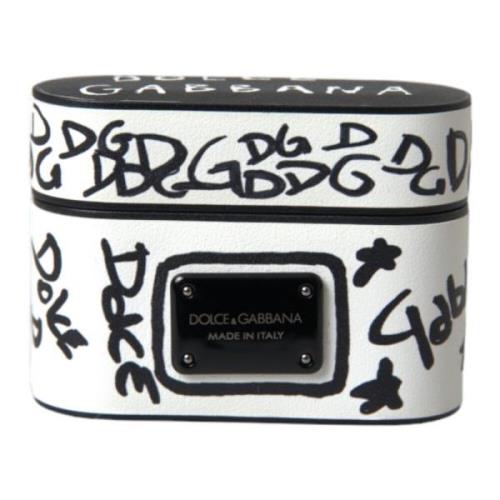 Dolce & Gabbana Svart Vitt Läder Scribble Airpods Fodral Black, Unisex