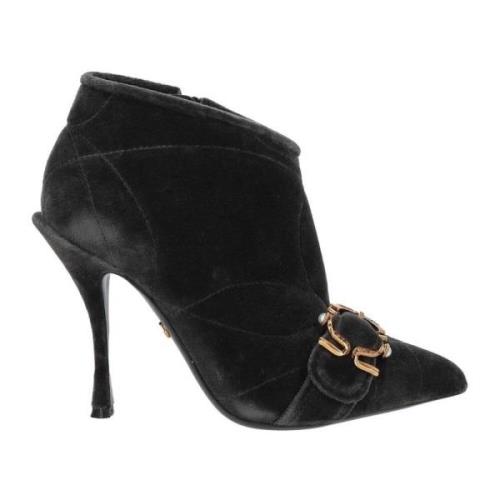 Dolce & Gabbana Sammet Ankelboots med Vintage Spänne Black, Dam