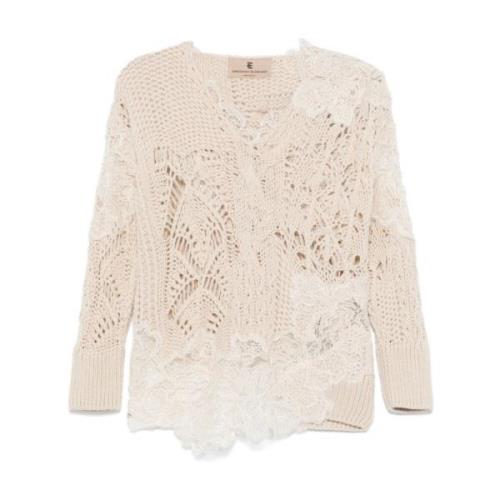 Ermanno Scervino Beige Kabelstickad Tröja med Spetsdetaljer Beige, Dam