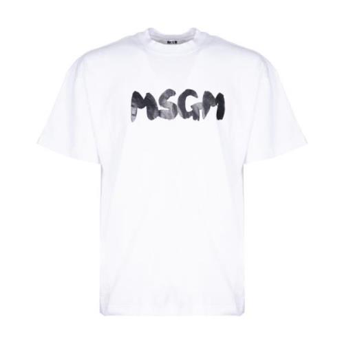 Msgm Vit Borstad Logotyp T-shirt White, Herr