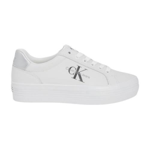 Calvin Klein Silvertryckta lädersneakers för kvinnor White, Dam