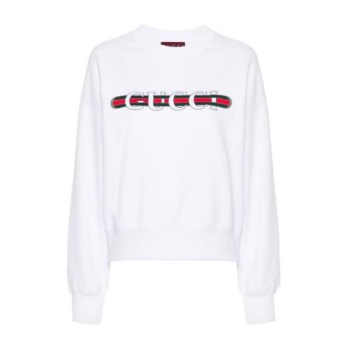 Gucci Vit Bomull Jersey Web Print Tröja White, Dam