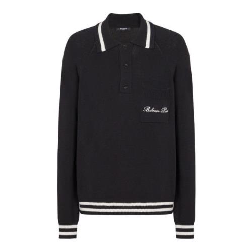 Balmain Långärmad ullpolotröja med signaturbroderi Black, Herr