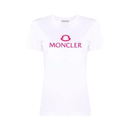 Moncler Rosa Logotyp Tryck Casual T-shirt White, Dam