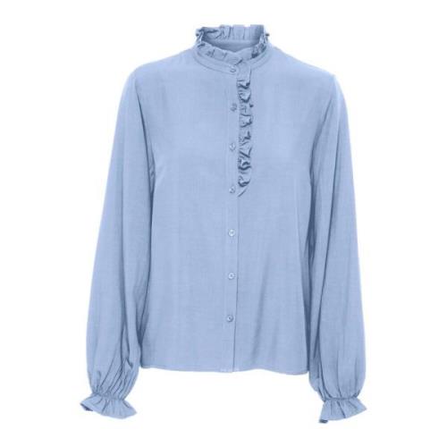 Cream Rain Washed Puffärm Blus Blue, Dam