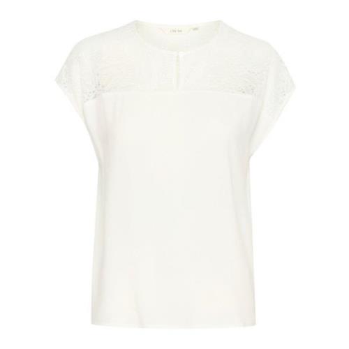 Cream Feminin Spets Skulder Blus Snövit White, Dam