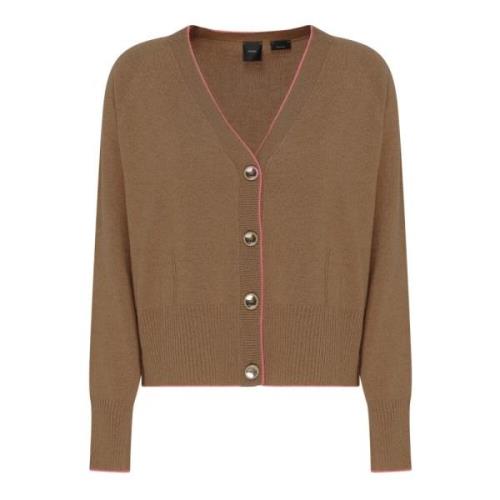 Pinko Brun V-ringad Cardigan med Fuchsia Kant Brown, Dam