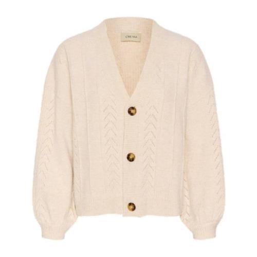 Cream Stickad Cardigan med Puffärmar Beige, Dam