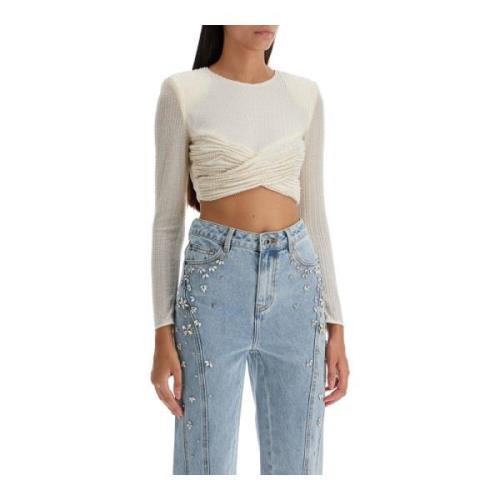 Self Portrait Pärlad Mesh Crop Top White, Dam