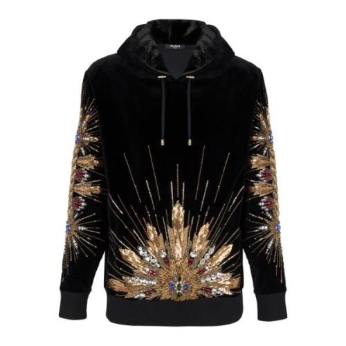 Balmain Sammet huvtröja med broderi Black, Herr