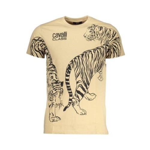 Cavalli Class Beige Bomull Tryck Logo T-shirt Beige, Herr