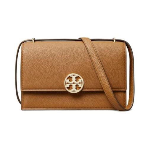 Tory Burch Axelväska i grained läder med logotyp Brown, Dam