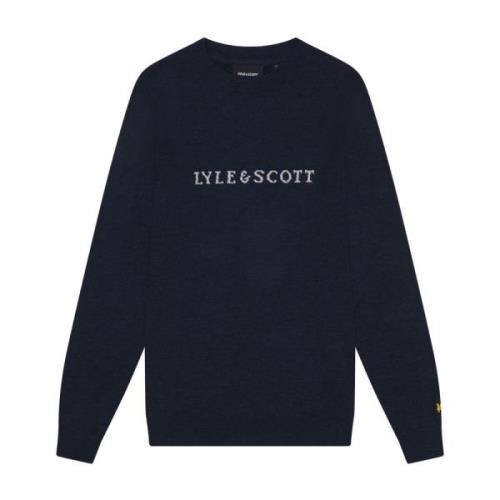 Lyle & Scott Script Jacquard Jumper Blue, Herr