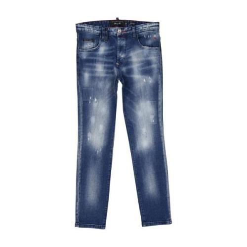 Philipp Plein Blå Jeans Ss22 med Förstörd Effekt Blue, Herr