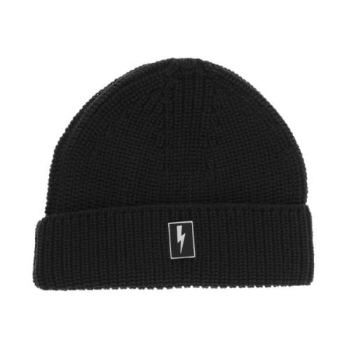 Neil Barrett Emalj Badge Bolt Logo Beanie Black, Herr