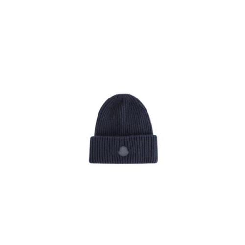 Moncler Navy Blue Cashmere Hat Leather Logo Blue, Herr