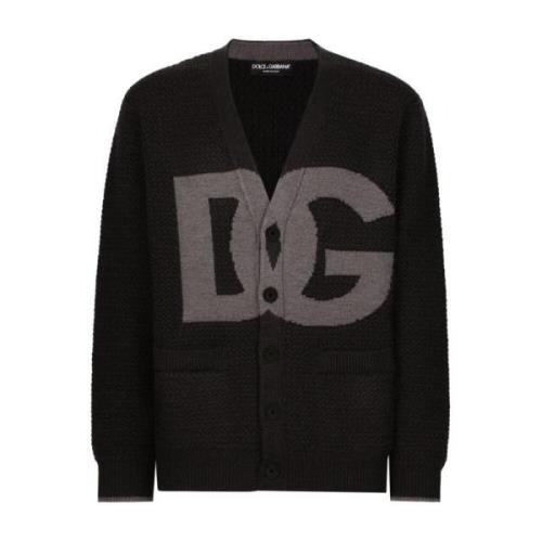 Dolce & Gabbana Intarsia-Knit Logo V-Neck Sweaters Black, Herr