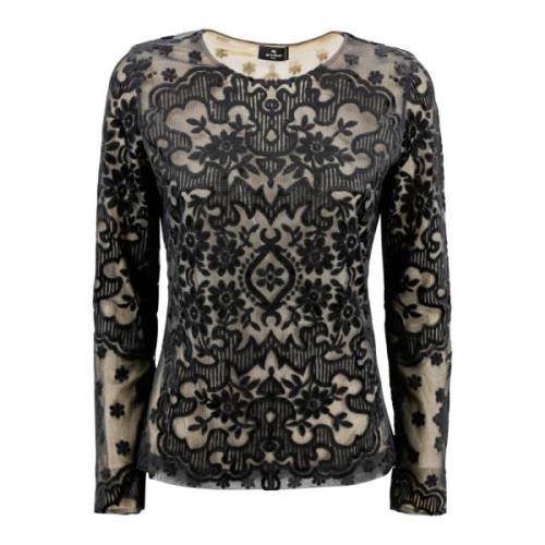 Etro Sammet Blommig Jacquard Crew Neck Top Black, Dam