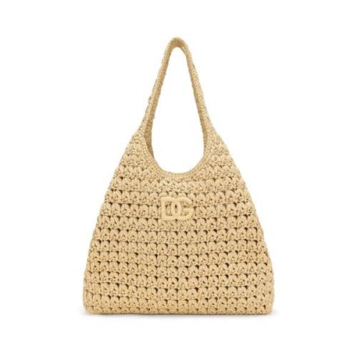 Dolce & Gabbana Raffia Toteväska med Appliqué Logo Beige, Dam