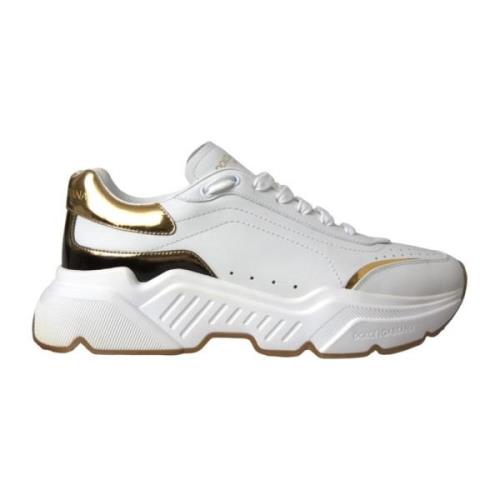 Dolce & Gabbana Vit Guld Läder Sneakers White, Herr