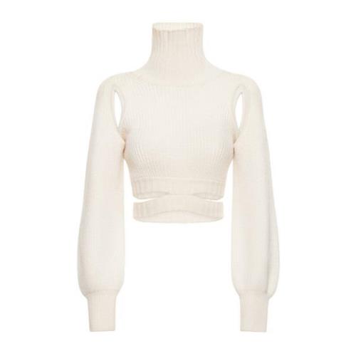 Andrea Adamo Räfflad Ullblandad Crop Sweater White, Dam