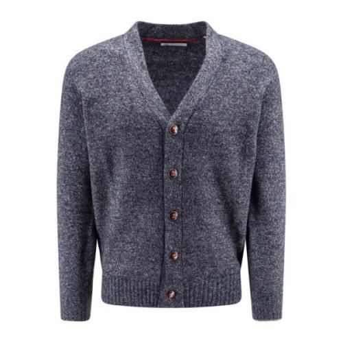 Brunello Cucinelli Alpaca Blend V-Neck Cardigan Blue, Herr