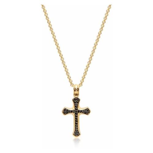 Nialaya Mens Gold Necklace with Black CZ Cross Yellow, Herr