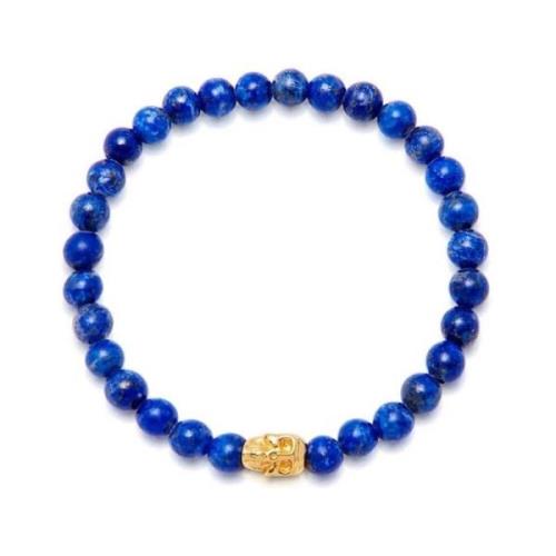 Nialaya Mens Wristband with Blue Lapis and Gold Skull Yellow, Herr