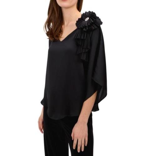 Joseph Ribkoff Svart Satin Rosdetalj Topp Black, Dam