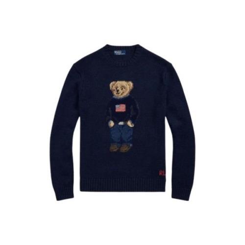 Polo Ralph Lauren Jacquard Bomull Linne Polo Bear Sweater Blue, Dam