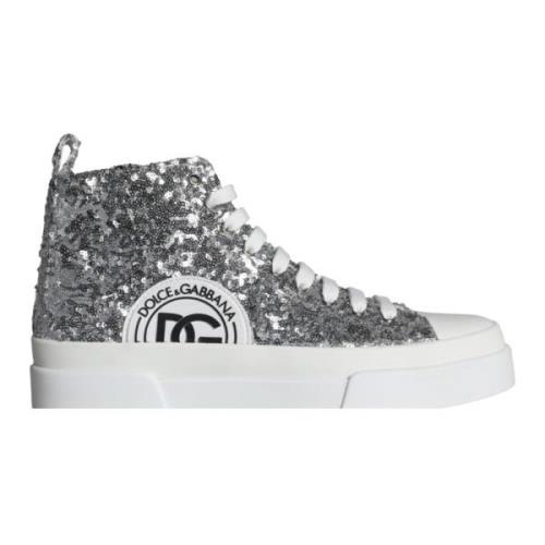 Dolce & Gabbana Paljett High Top Sneakers Silver Vit Gray, Herr