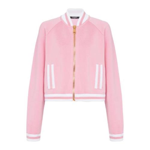 Balmain Beskuren stickad collegejacka med randiga detaljer Pink, Dam