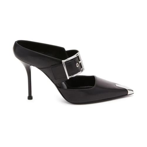 Alexander McQueen Svarta Läder Punk Mules Black, Dam