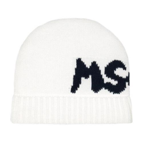 Msgm Krämig ullberet med kontrastlogobroderi Beige, Dam