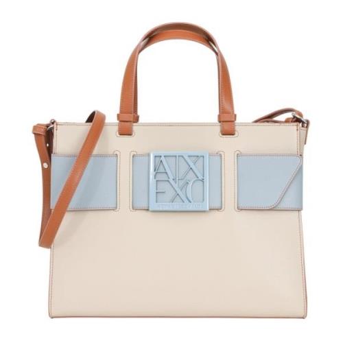 Armani Exchange Beige Shopper Väska med Anpassad Logotyp Beige, Dam