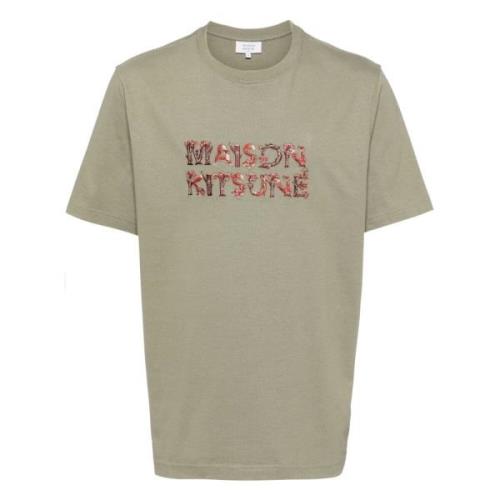 Maison Kitsuné Broderad Logotyp T-shirt i Korngrön Green, Herr