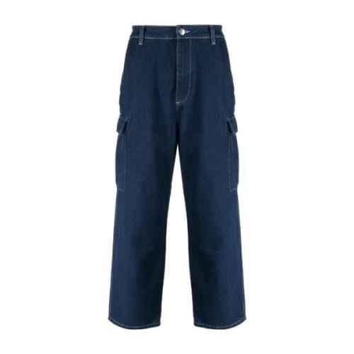 Pop Trading Company Blå Cargo Jeans Logo Broderad Blue, Herr