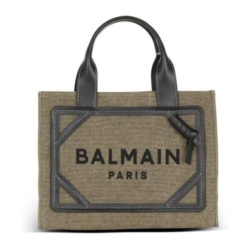 Balmain B-Army liten canvas shoppingväska med läderinsatser Beige, Dam