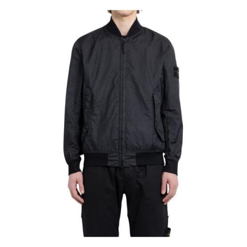 Stone Island Svart Bomberjacka med Ribbade Detaljer Black, Herr