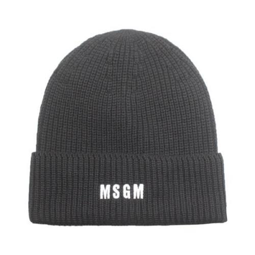 Msgm Svart Ribbstickad Beanie med Broderat Logotyp Black, Herr