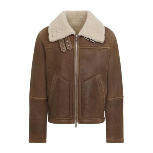 Yves Salomon Lyxig Brun Läder Shearling Jacka Brown, Herr