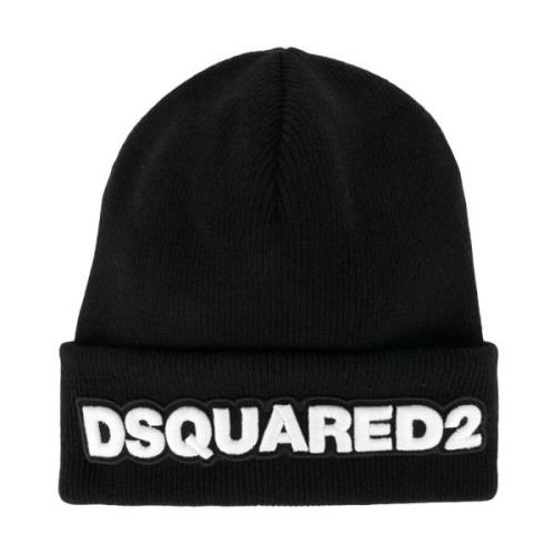 Dsquared2 Svart Ribbstickad Beanie Mössa Black, Herr