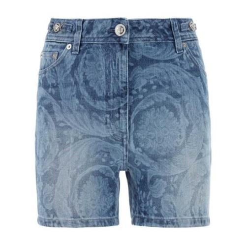 Versace Stiliga tryckta denim shorts Blue, Dam